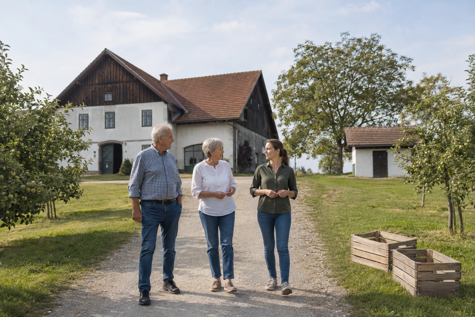Eigentümerfamilie vor einem österreichischen Most- und Obstbaubetrieb